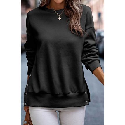 Black Snap Buttons Side Splits Pullover Sweatshirt