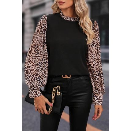 Black Contrast Leopard Print Lantern Sleeve Blouse