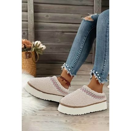 White Embroidered Sherpa Plush Thick Sole Winter Slippers