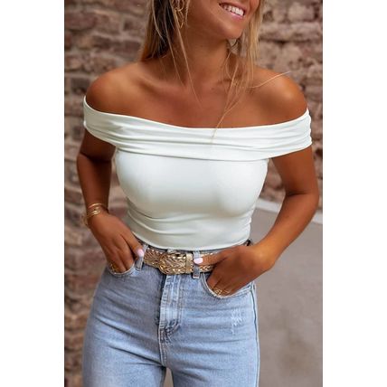 White Folded Off Shoulder Slim Top