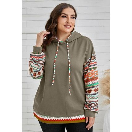Jungle Green Aztec Patchwork Sleeve Waffle Drawstring Plus Hoodie