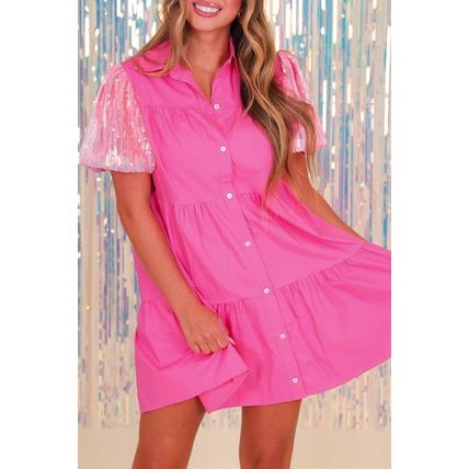 Bonbon Sequined Bubble Sleeve Tiered Ruffled Shirt Dress