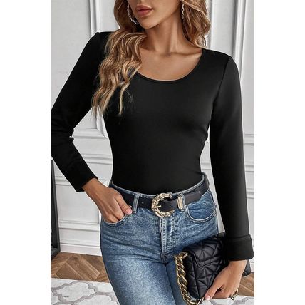 Black Solid Scoop Neck Slim Fit Thermal Top