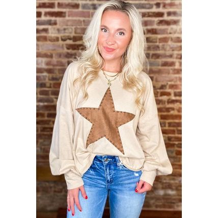 Apricot Studded Star Graphic Oversized Long Sleeve Top