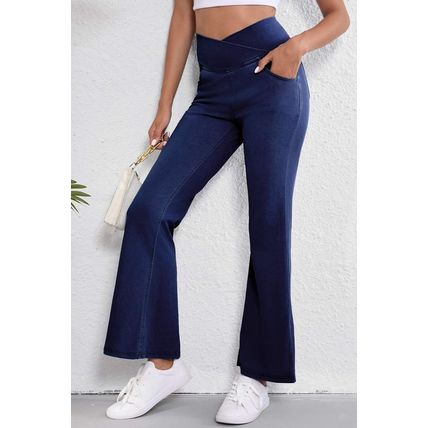 Dusk Blue Solid Crossed Waist High Elastic Fit Flare Knit Jeans