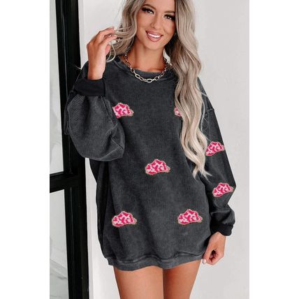 Black Glittering Cowboy Hat Patched Corded Pullover Sweatshirt