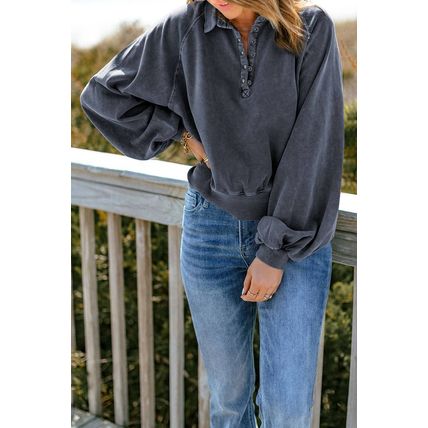 Blue Washed Snap Buttons Lantern Sleeve Pullover Sweatshirt