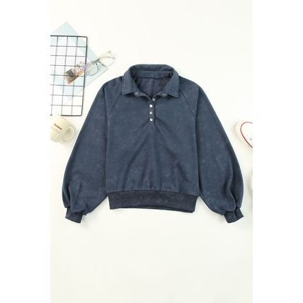 Blue Washed Snap Buttons Lantern Sleeve Pullover Sweatshirt
