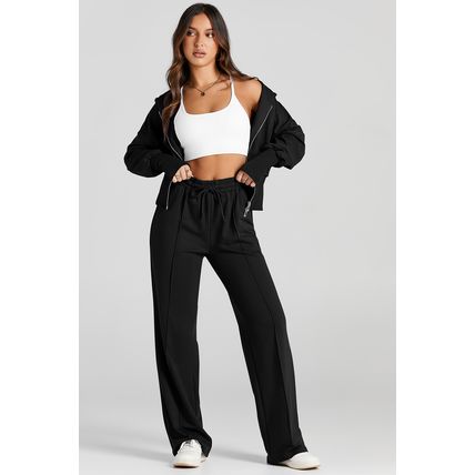 Black Double Zipper Hooded Jacket and Sweatpants Active Set