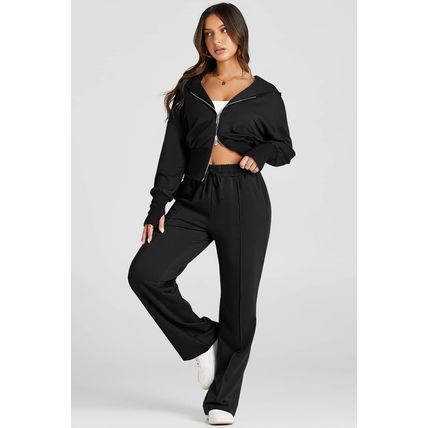 Black Double Zipper Hooded Jacket and Sweatpants Active Set