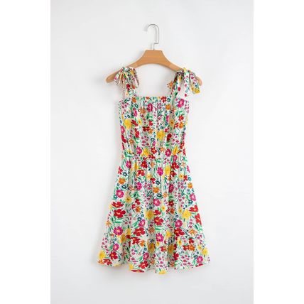 Red Floral Knotted Straps Cinched Waist Ruffle Hem Mini Dress