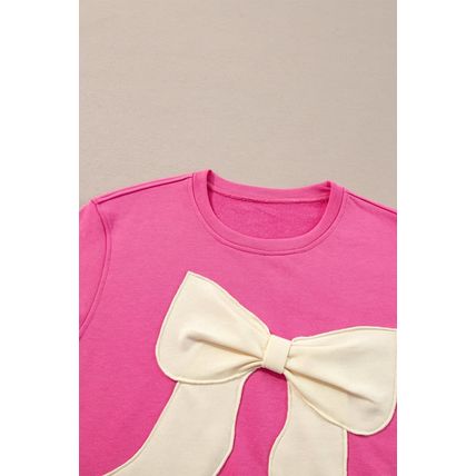 Strawberry Pink Contrasting Color Ribbon Bow Front Patch Loose Tee with Slits