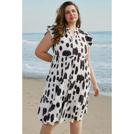 White Polka Dot Print Ruffled Sleeve Pocketed Plus Size Midi Dress