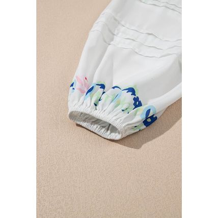 White Floral Print Boho Tassel Tie Split Neck Tucking Detail Puff Sleeve Mini Dr