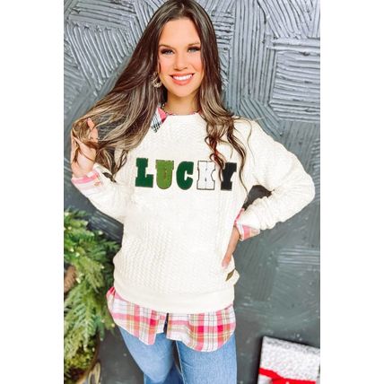 White LUCKY Chenille Embroidered Cable Knit Pullover Sweatshirt