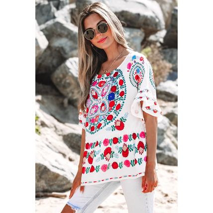 White Boho Floral Print Round Neck Ruffle Trim Blouse