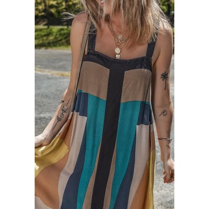 Brown Retro Geometric Printed Y Back Sleeveless Dress
