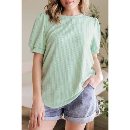 Mist Green Textured Round Neck Short Puff Sleeve Top