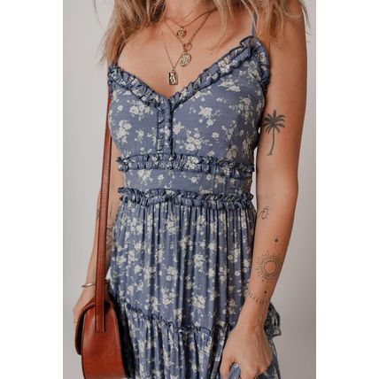 Blue Floral Spaghetti Strap Frilled V Neck Tiered Midi Dress