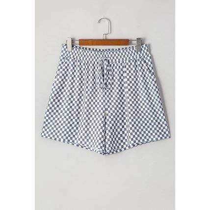 Gray Checkerboard Lace-Up High Waist Plus Size Casual Shorts