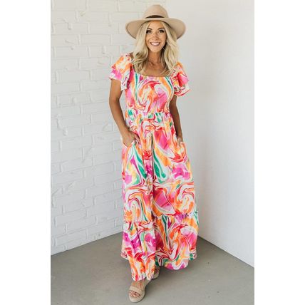 Pink Abstract Print Ruffled Sleeve Smocked Bust Maxi Dress