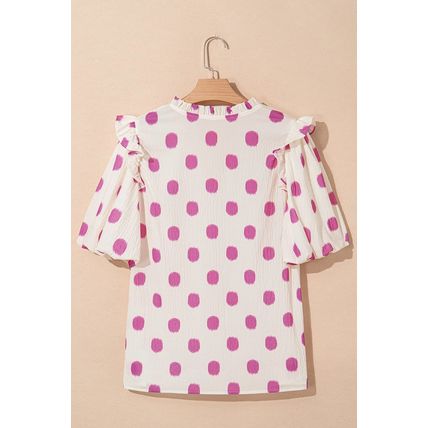 Rose Polka Dot Print Shirred Yoke Notched Neck Balloon Sleeve Blouse