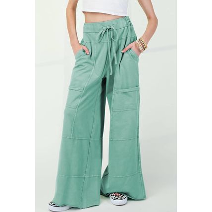 Mint Green Mineral Wash Exposed Seam Drawstring High Waist Wide Leg Cargo Pants