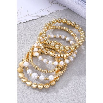 Gold Minimalist Pearl Beaded Multi Layer Elastic Bracelets
