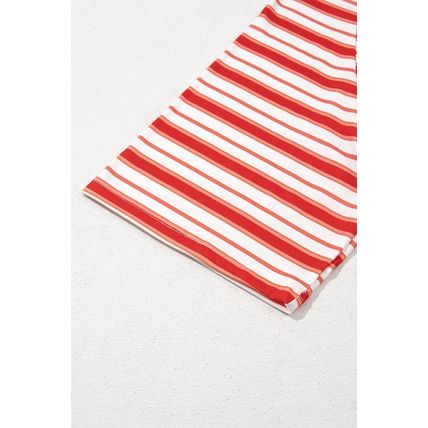 Tomato Red Stripe Print Contrast Collar Raglan Sleeve T Shirt