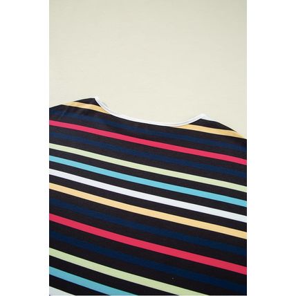 Black Stripe Multicolor Contrast Edge Crew Neck T Shirt