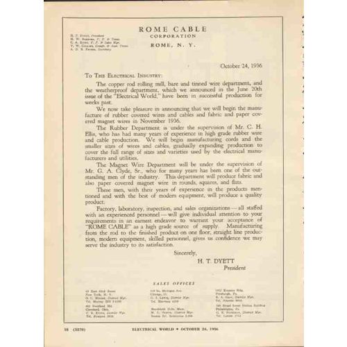 rome cable corp 1936 dyett open letter electrical industry vintage ad