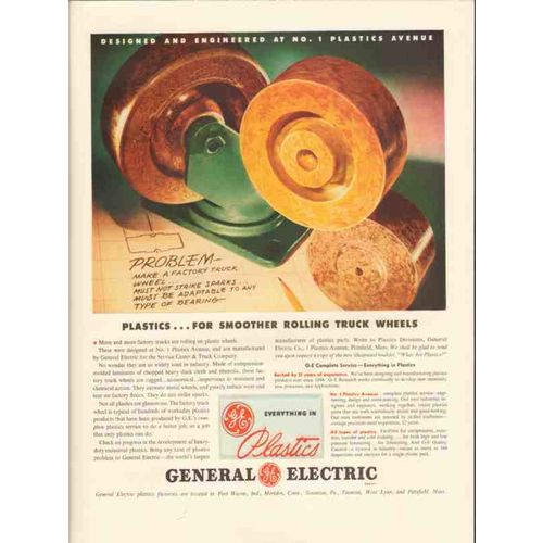general electric 1947 plastics smoother rolling truck wheel vintage ad