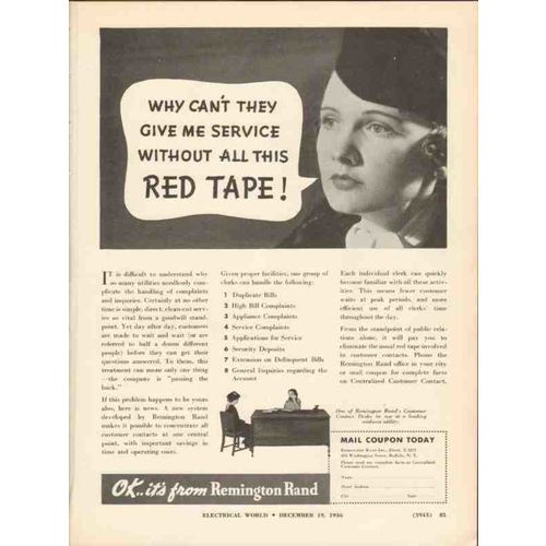 remington rand inc 1936 red tape central customer contact vintage ad