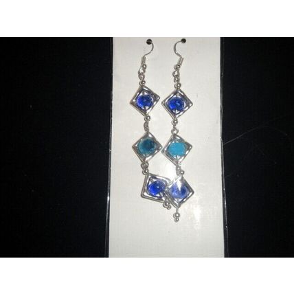Unique part treated dark & light blue crystal glass dangle sparkly earrings