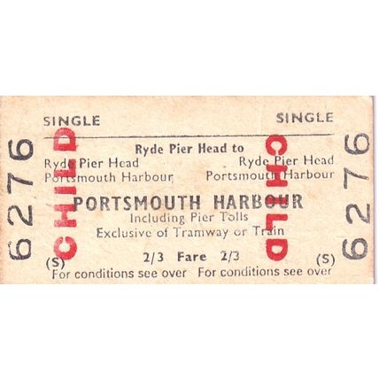RYDE PIER HEAD Isle of Wight - PORTSMOUTH HBR 1969 Railway/Ferry Ticket BRB 6276