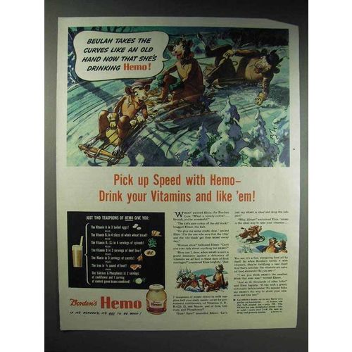 1944 Borden's Hemo Drink Ad - Beulah, Elsie, Elmer