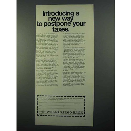 1968 Wells Fargo Bank Ad - Way to Postpone Your Taxes