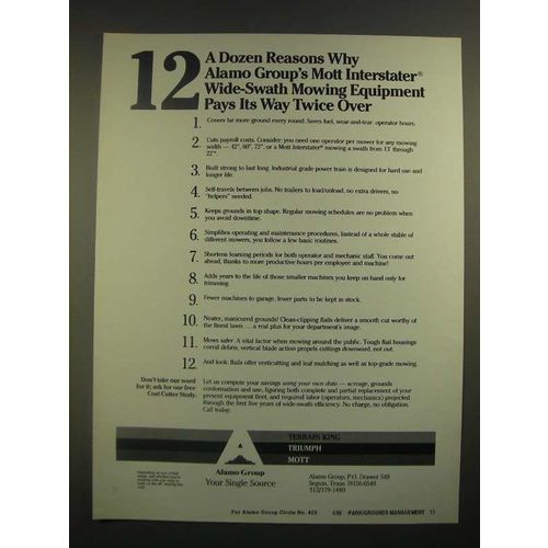 1988 Alamo Group Mott Interstater Mower Ad - A Dozen Reasons
