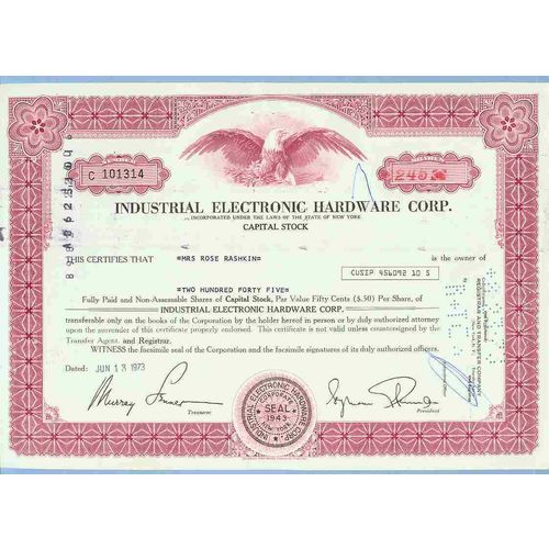 New York na Stock Certificate Company: Industrial Electronic Hardware Corp~44
