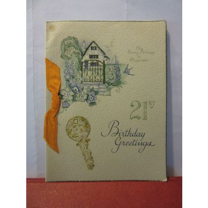 21st BIRTHDAY GREETINGS CARD with PAPER INSERT used c. early 1920s #