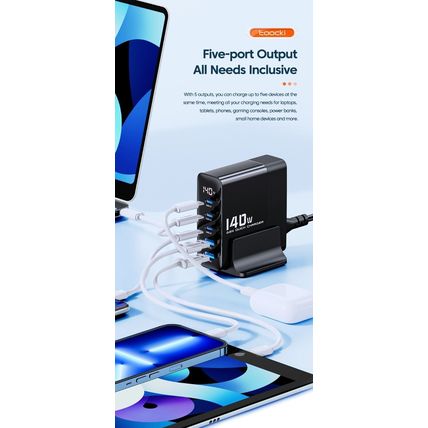 Toocki 140W GaN USB Charger Desktop Charging Station 5 Ports, PD Type-C, UK Plug