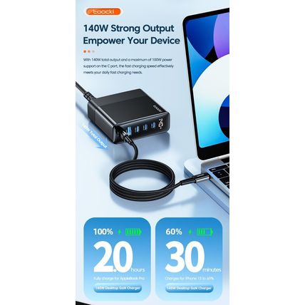 Toocki 140W GaN USB Charger Desktop Charging Station 5 Ports, PD Type-C, UK Plug
