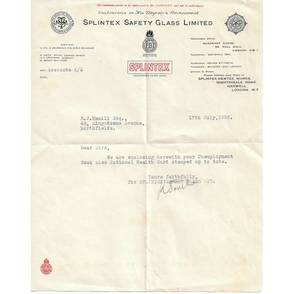 1933 Letter from Splintex Safety Glass Limited to BJ Hamill, Northfields (EPHE)