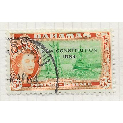BAHAMAS 1953 QE2 5/- FIVE SHILLING TUNA FISHING RED ORAN USED SG214a 214a SG