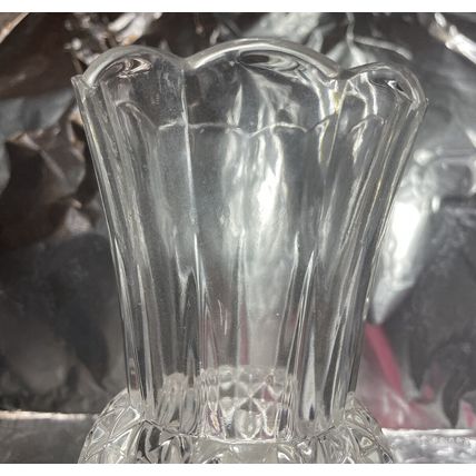 Vintage Clear Diamond Point Crystal Vase 5” Tall Footed Glass Bud Scalloped Top