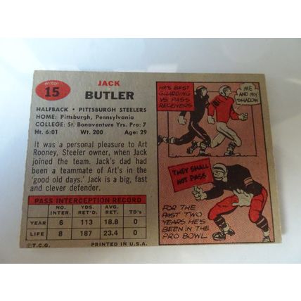 1957 Topps Football Card # 015 Jack Butler Good (2) Pittsburgh Steelers