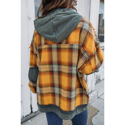 Orange Plaid Patch Hooded Frayed Snap Button Jacket