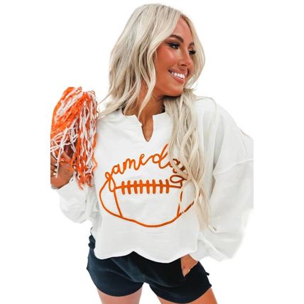 Bright White Game Day Lettering Rugby Notched Neck Sweatshirt