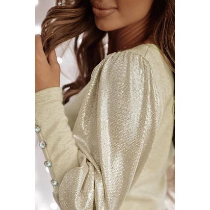 Khaki Buttoned Cuffs Shiny Puff Sleeves Top