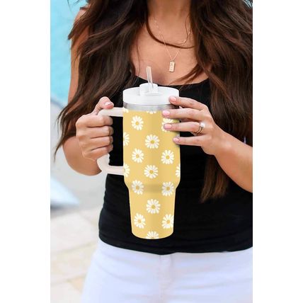 Yellow Daisy Print Handle Stainless Steel Portable Cup 1200ml